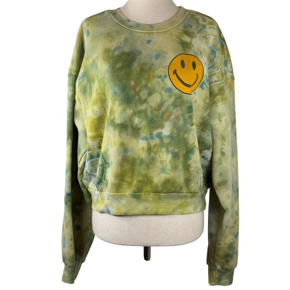 Aviator Nation Tie-Dye Sweatshirt With Smiley Face Graphic Green & Yellow Size X